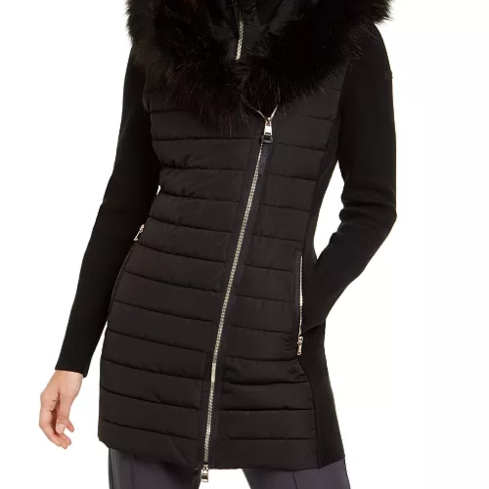 Calvin Klein Performance Elegant Black Fur-Trimmed Quilted Coat